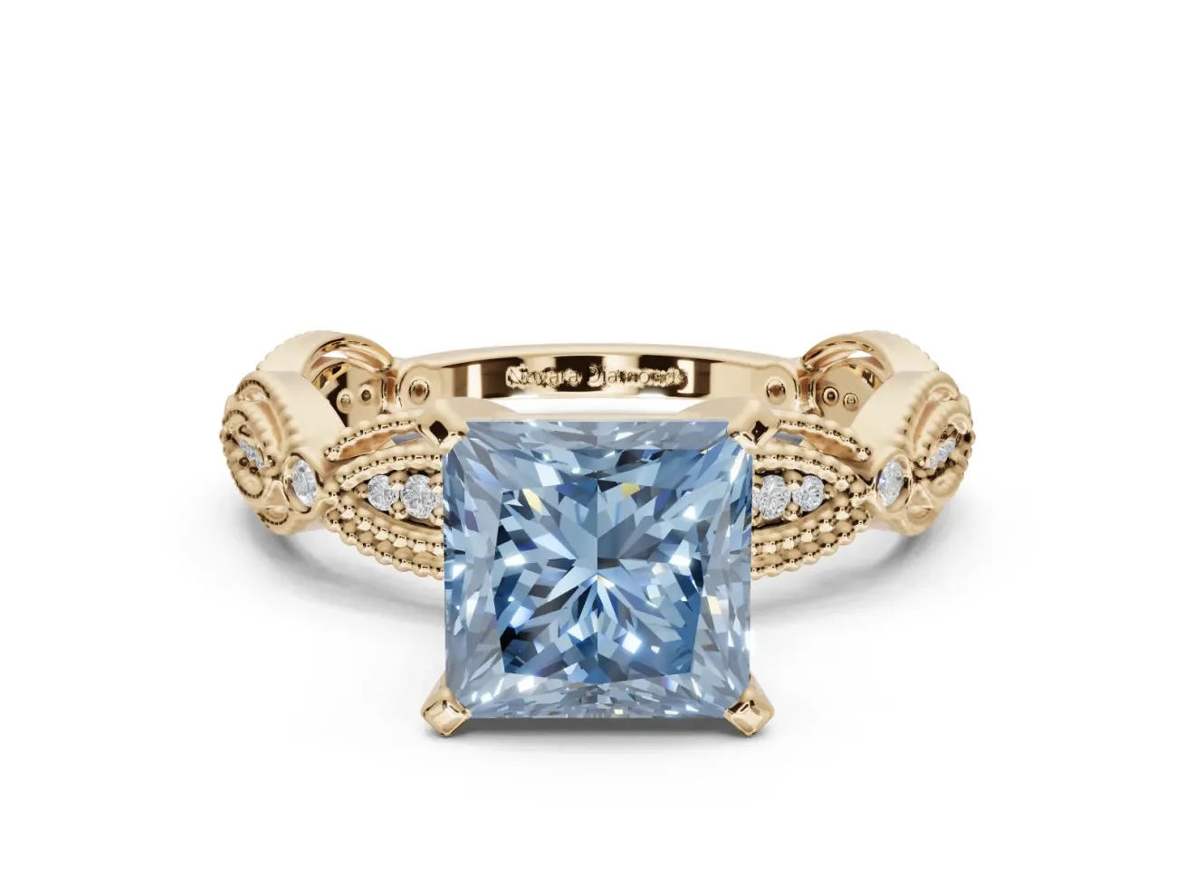 Princess Cut Vintage Engagement Ring Setting for a Fancy Blue Lab-Grown Diamond | Graduated Stations | Yellow Gold