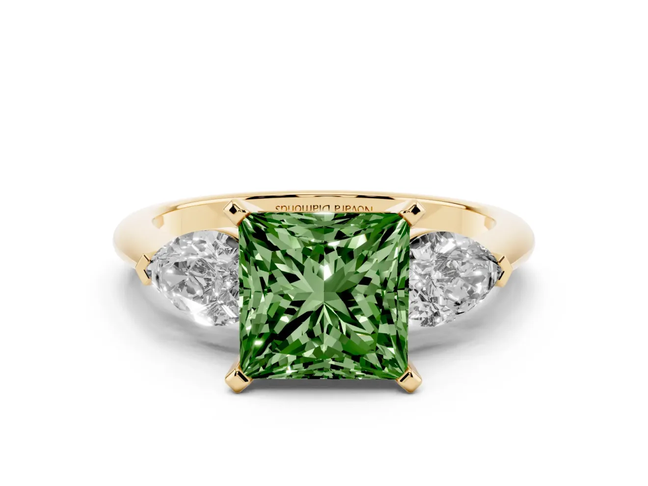Fancy Green Three-Stone Princess Cut Diamond Ring Set in Yellow gold with Pear Side Stones and Prong Setting