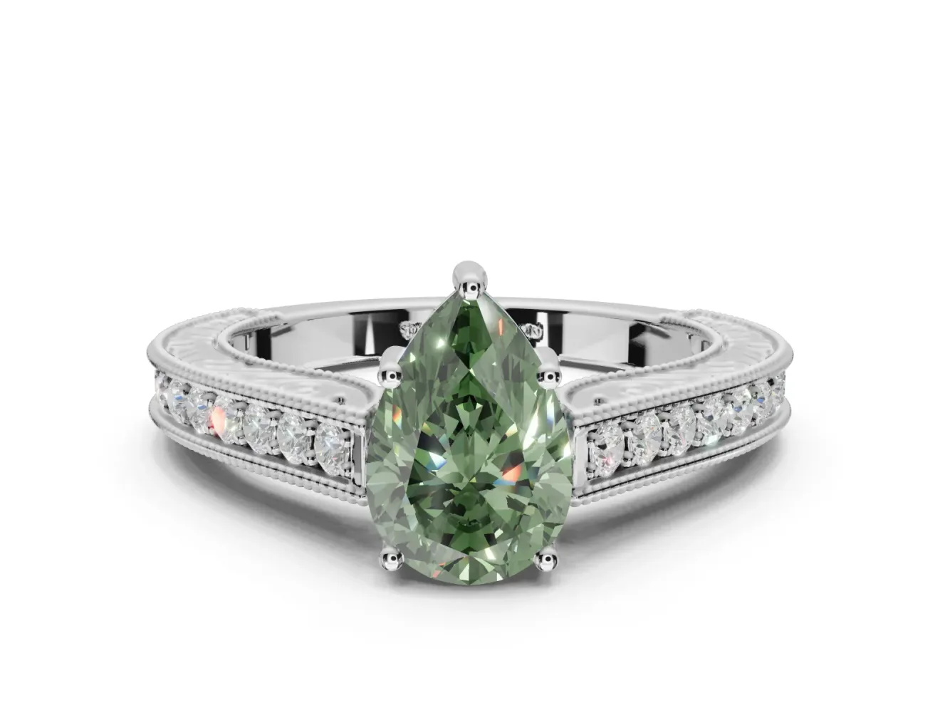 Pear-Shaped Vintage Pavé Engagement Ring Setting for a Fancy Green Lab-Grown Diamond | Sterling Silver