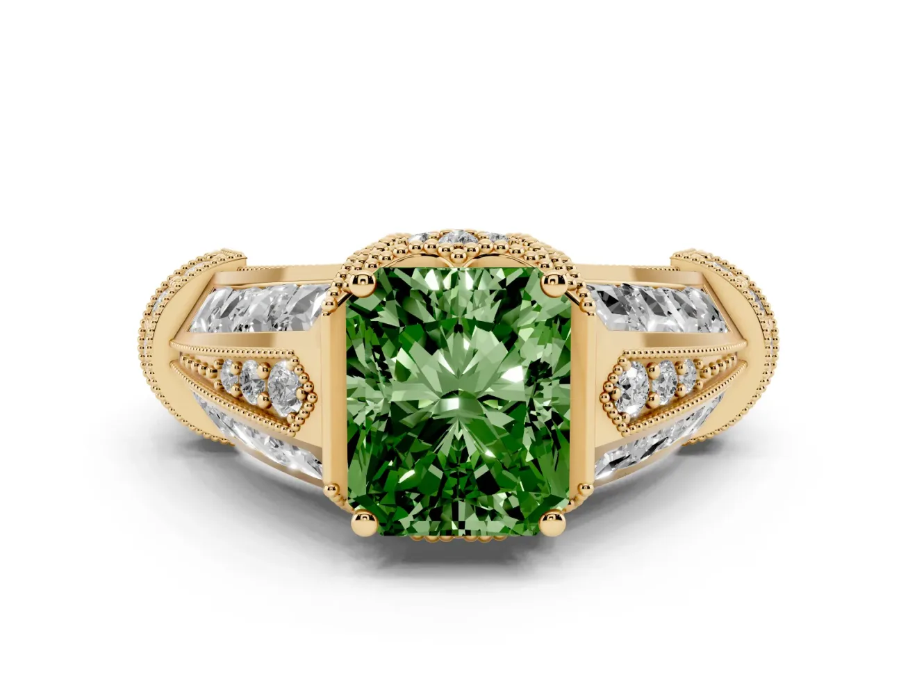 Fancy Green Radiant Cut Diamond Vintage-Inspired Milgrain Ring Set in Yellow gold with Accent Split Shank