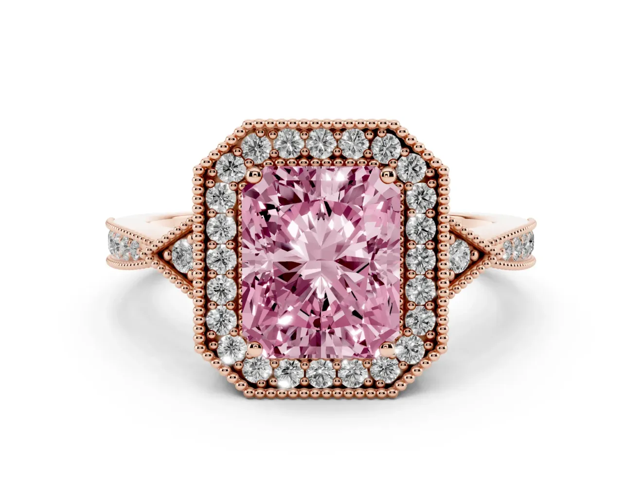Fancy Pink Radiant Cut Diamond Halo Engagement Ring Set in Rose gold with Milgrain Pavé Band