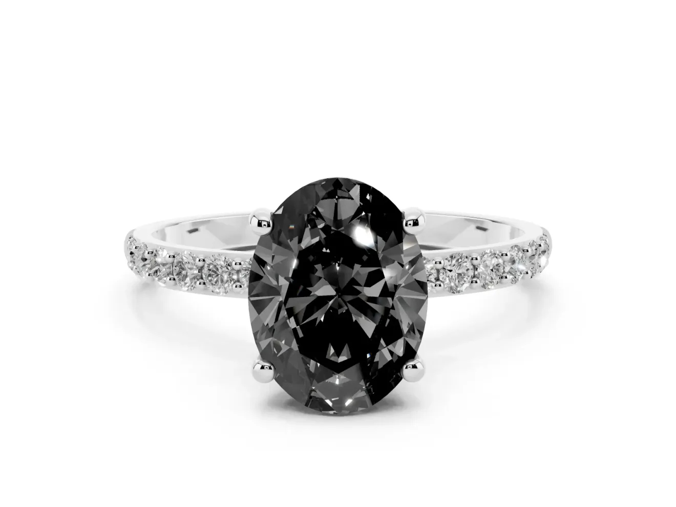 Fancy Black Oval Cut Diamond Solitaire Ring Set in Platinum with Round Pavé Band and Prong Setting