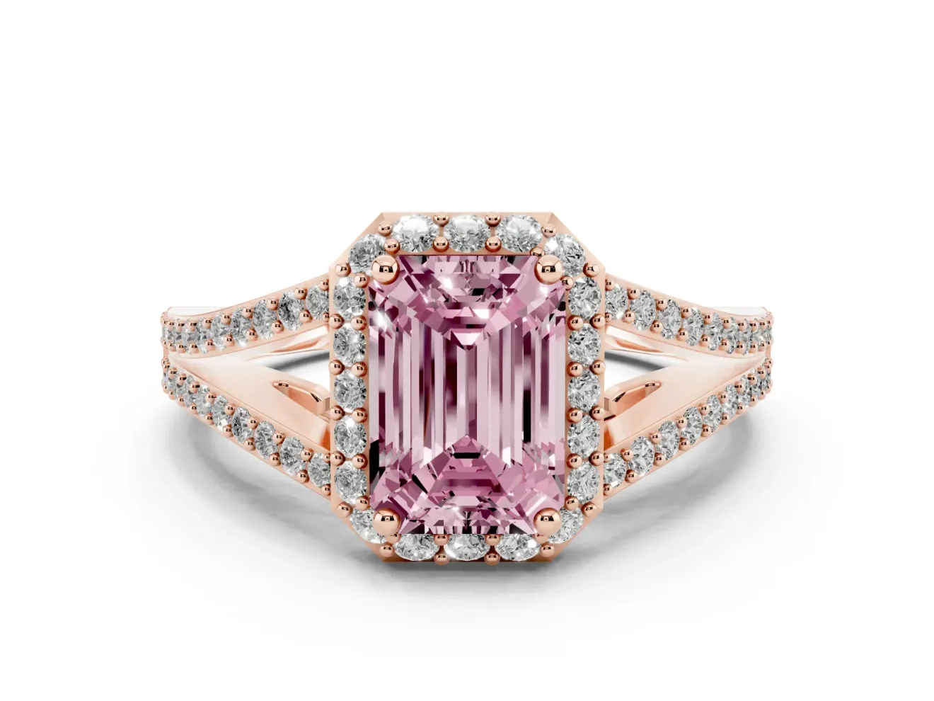 Emerald Cut Split Shank Halo Engagement Ring Setting for a Fancy Pink Lab-Grown Diamond | Rose Gold
