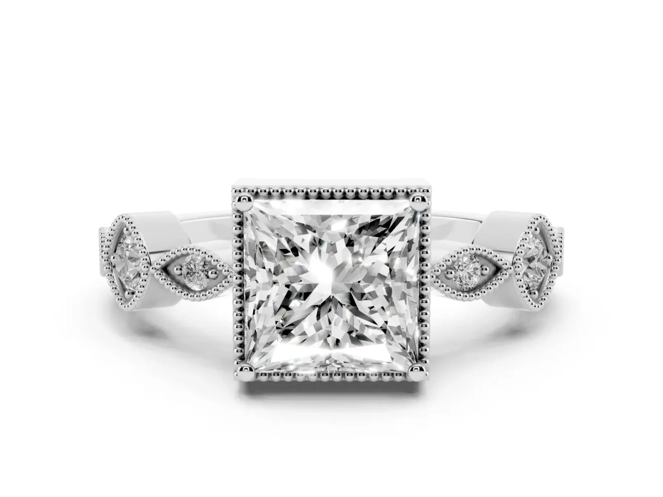 Princess Cut Diamond Vintage-Inspired Milgrain Ring Set in White gold with Marquise Stations of Round Accents