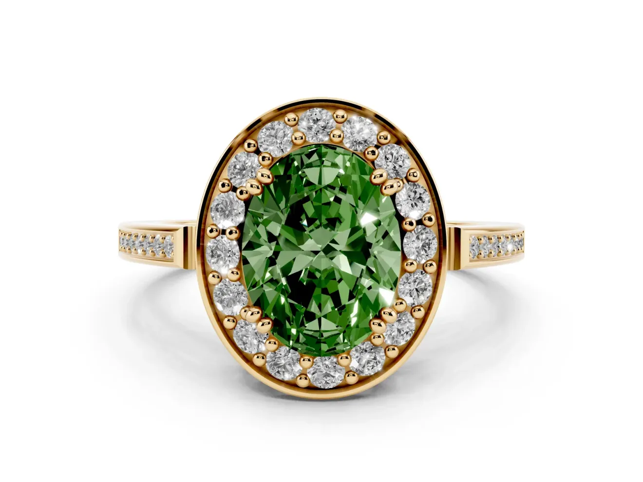 Oval Halo Engagement Ring Setting for a Fancy Green Lab-Grown Diamond | Polished Halo Rim | Yellow Gold