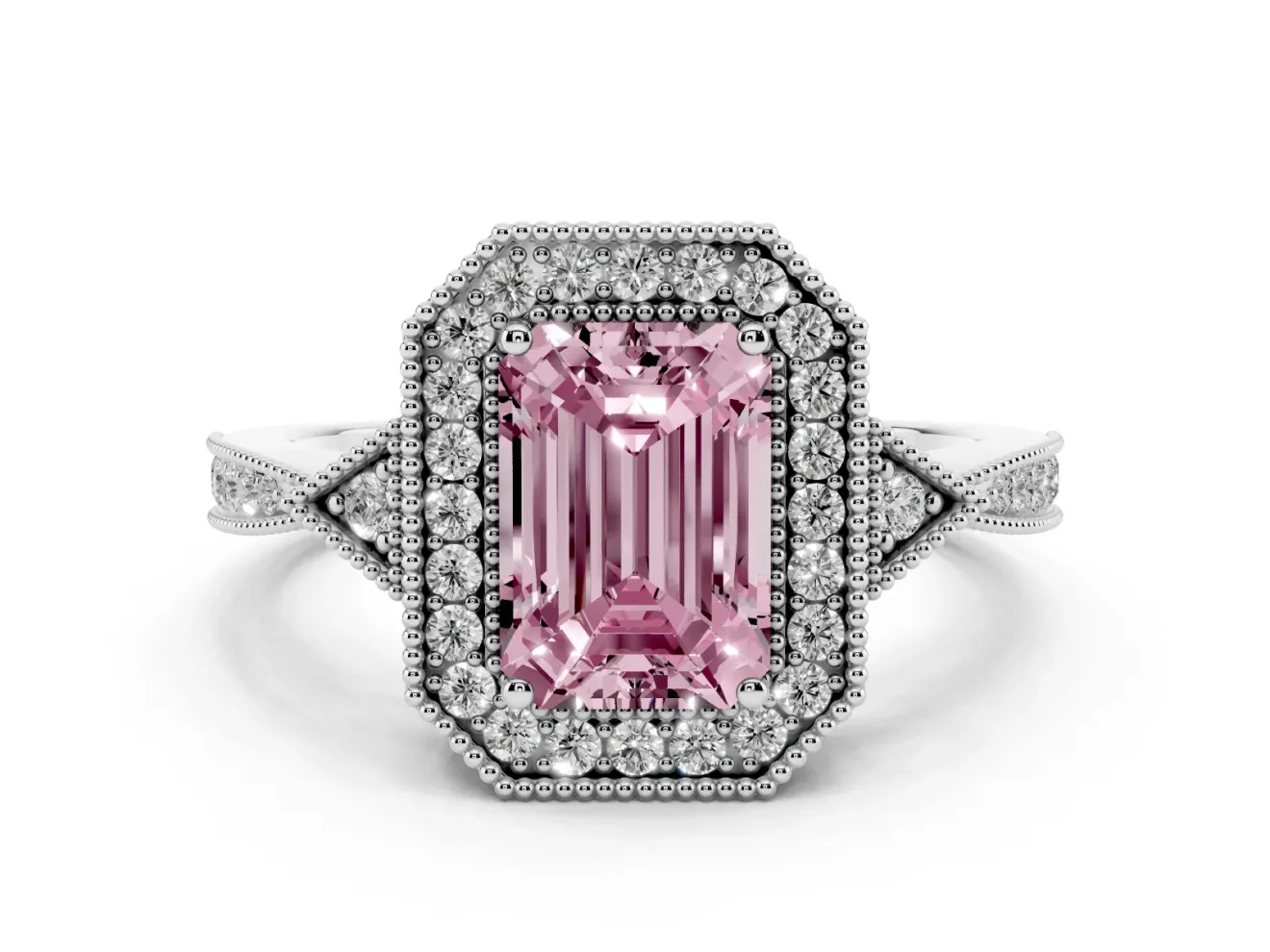 Fancy Pink Emerald Cut Diamond Halo Engagement Ring Set in White gold with Milgrain Pavé Band