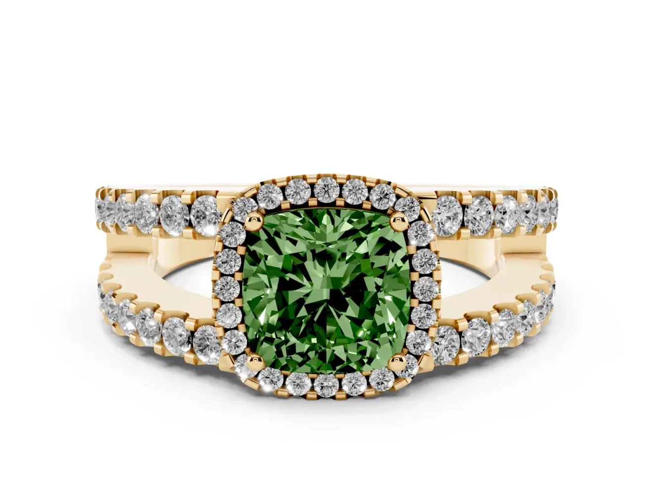 Cushion Cut Halo Split Shank Engagement Ring Setting for a Fancy Green Lab-Grown Diamond | Pavé Strands | Yellow Gold