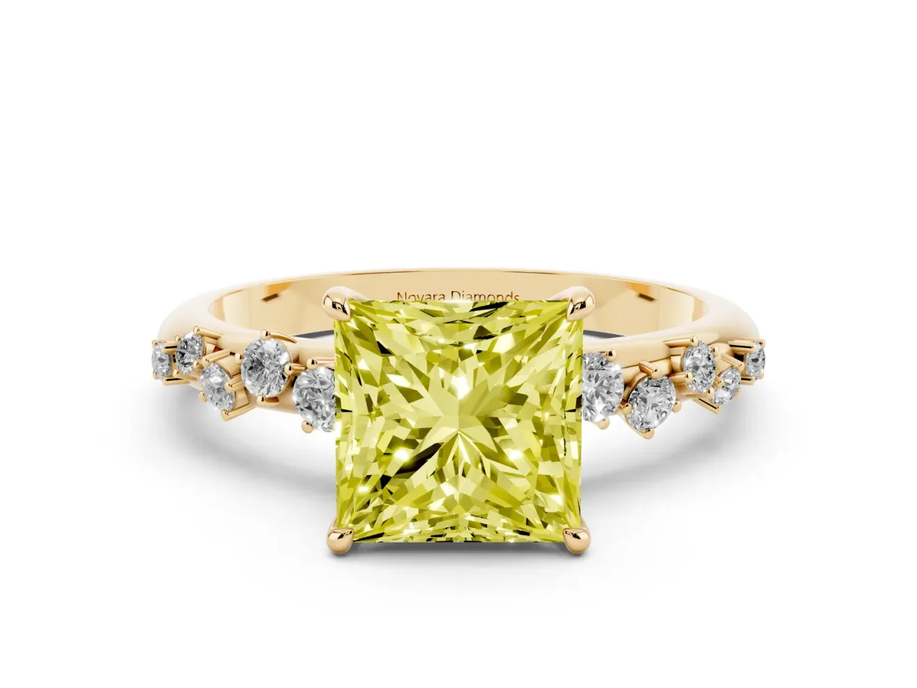 Fancy Yellow Princess Cut Diamond Cluster Solitaire Ring Set in Yellow gold with Prong Setting