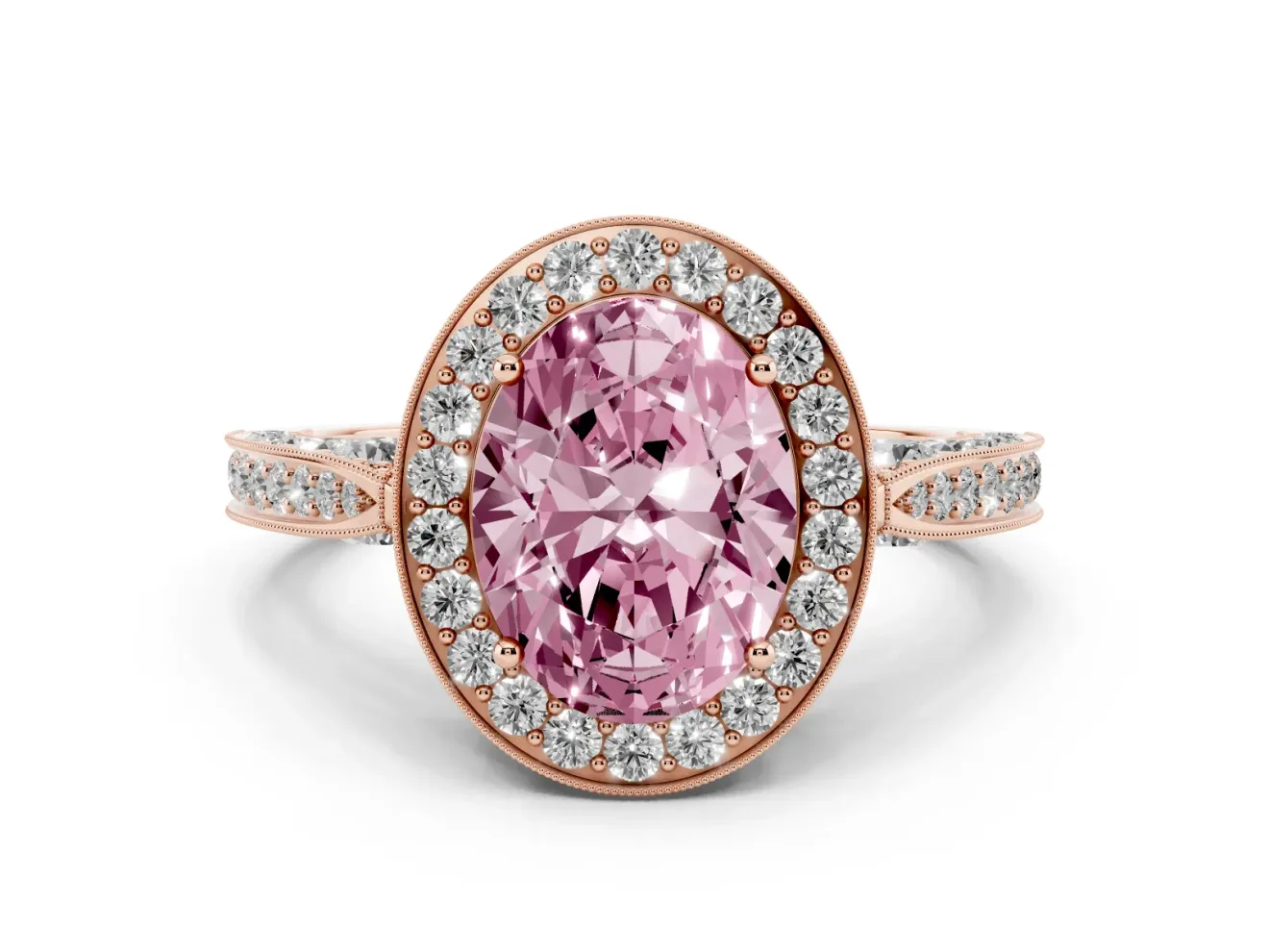 Oval Vintage Milgrain Halo Engagement Ring Setting for a Fancy Pink Lab-Grown Diamond | Side Stones and Pave | Rose Gold
