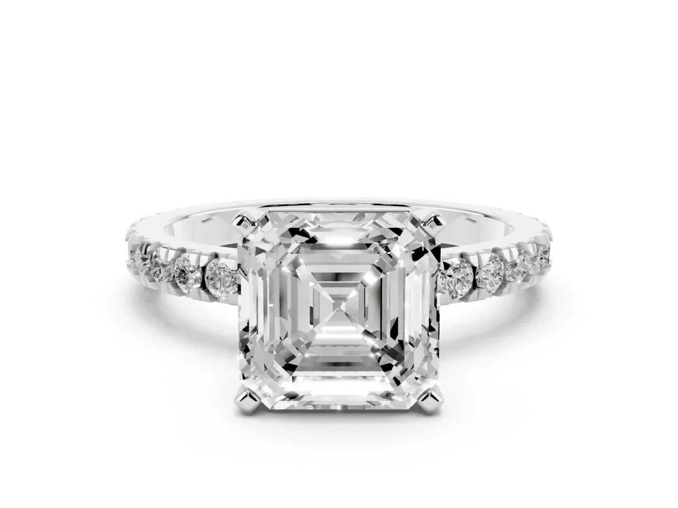 Asscher Cut Diamond Pavé Band Solitaire Set in White gold with Prong Setting