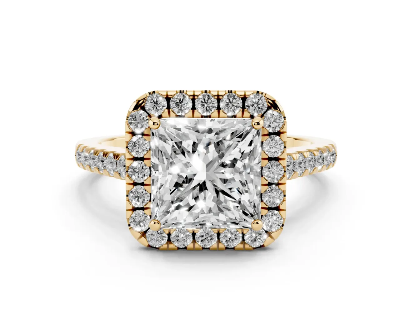 Princess Cut Halo Engagement Ring Setting | Pave Shoulders | Yellow Gold