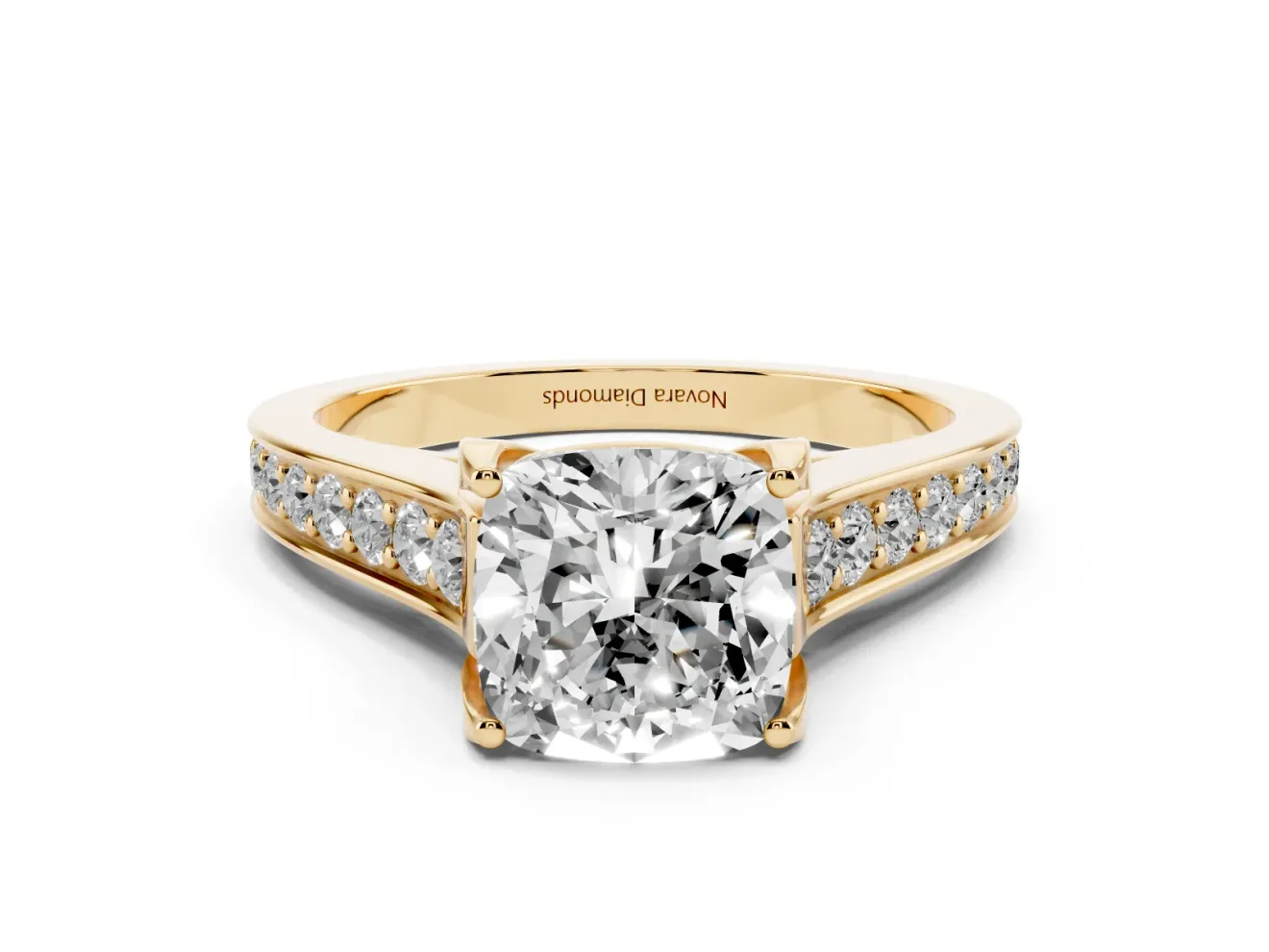 Cushion Cut Diamond Solitaire Pavé Engagement Ring Set in Yellow gold with Prong Setting
