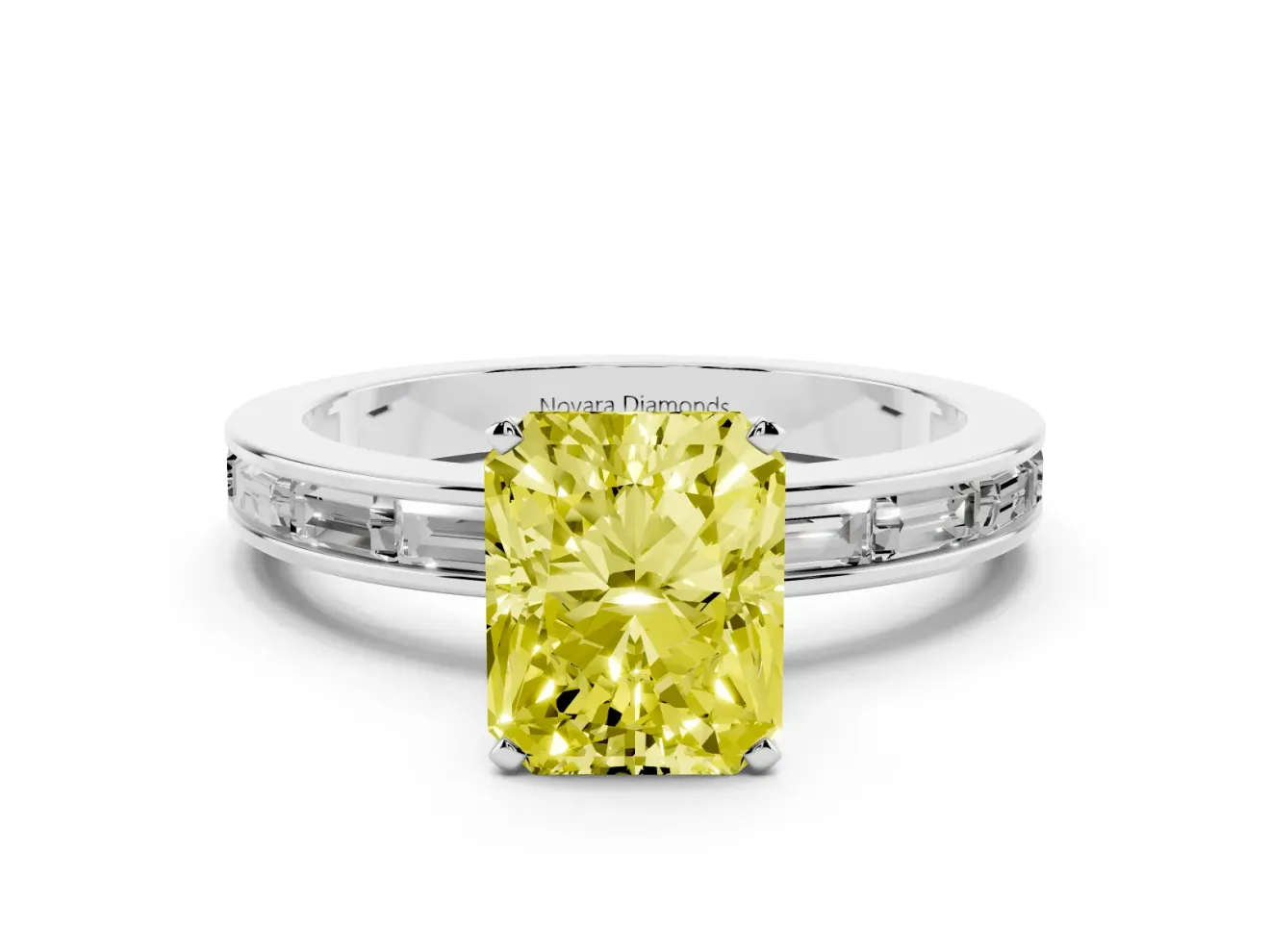 Fancy Yellow Radiant Cut Diamond Solitaire Ring Set in Silver with Channel-Set Baguette Band and Prong Setting