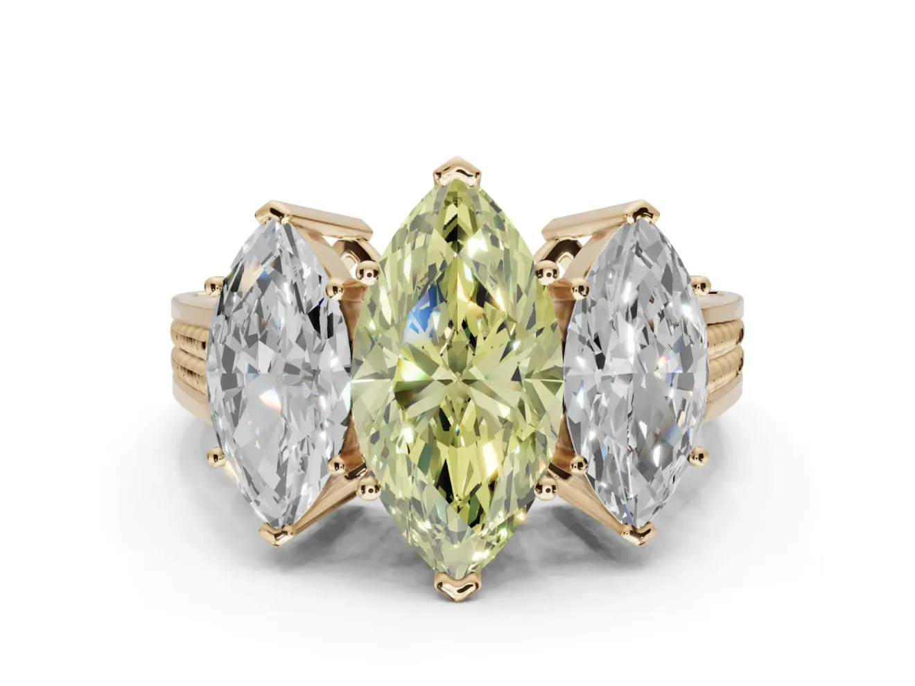 Marquise Three Stone Engagement Ring Setting for a Fancy Yellow Lab-Grown Diamond | Beaded Shoulders | Yellow Gold