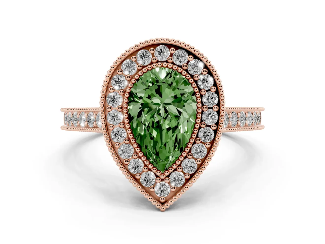 Pear-Shaped Vintage Milgrain Halo Engagement Ring Setting for a Fancy Green Lab-Grown Diamond | Bezel Head | Rose Gold