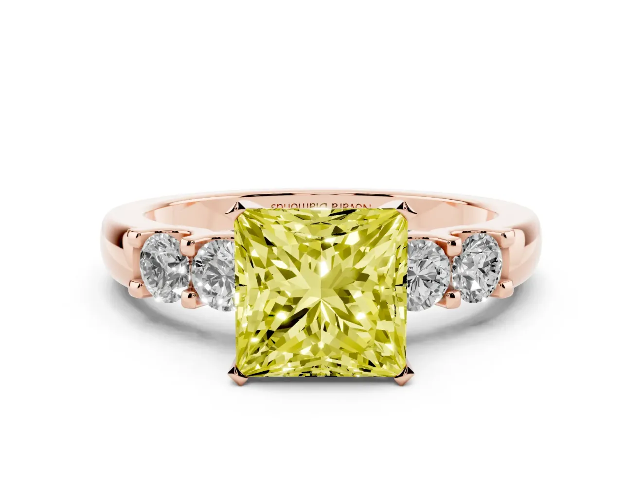 Fancy Yellow Princess Cut Diamond Five-Stone Prong Set Engagement Ring Set in Rose gold with Channel Band