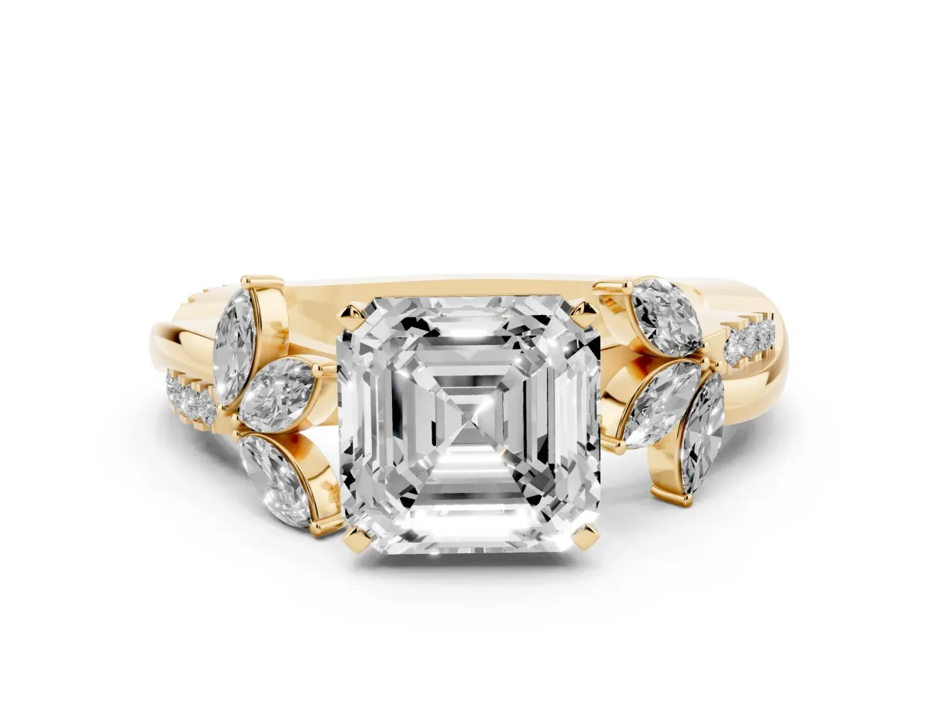 Asscher Cut Diamond Floral Vine Solitaire Engagement Ring Set in Yellow gold with Marquise Leaves