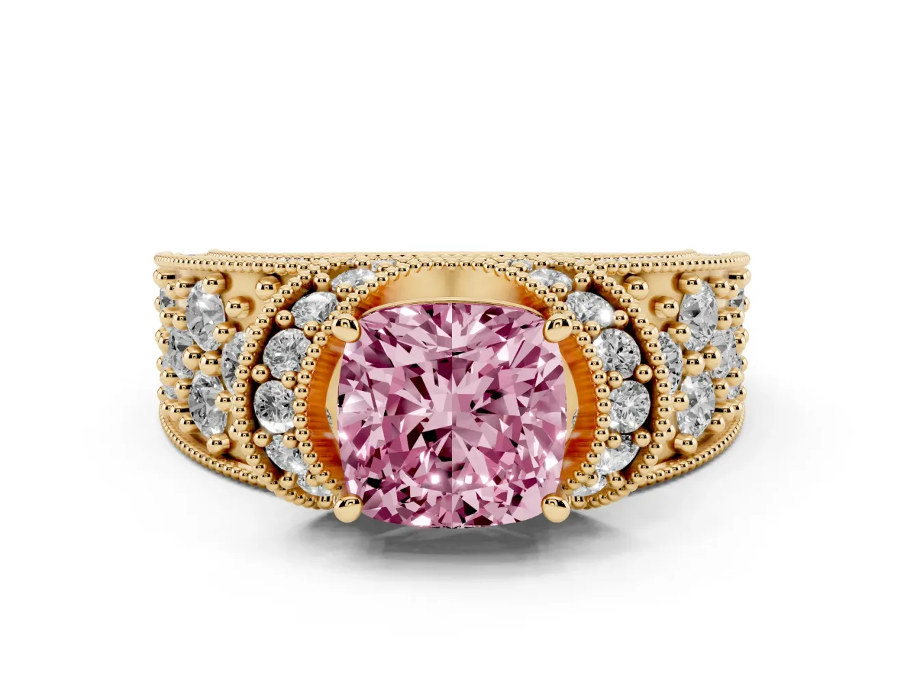 Fancy Pink Cushion Cut Diamond Milgrain Halo Pavé Engagement Ring Set in Yellow gold with Prong Setting