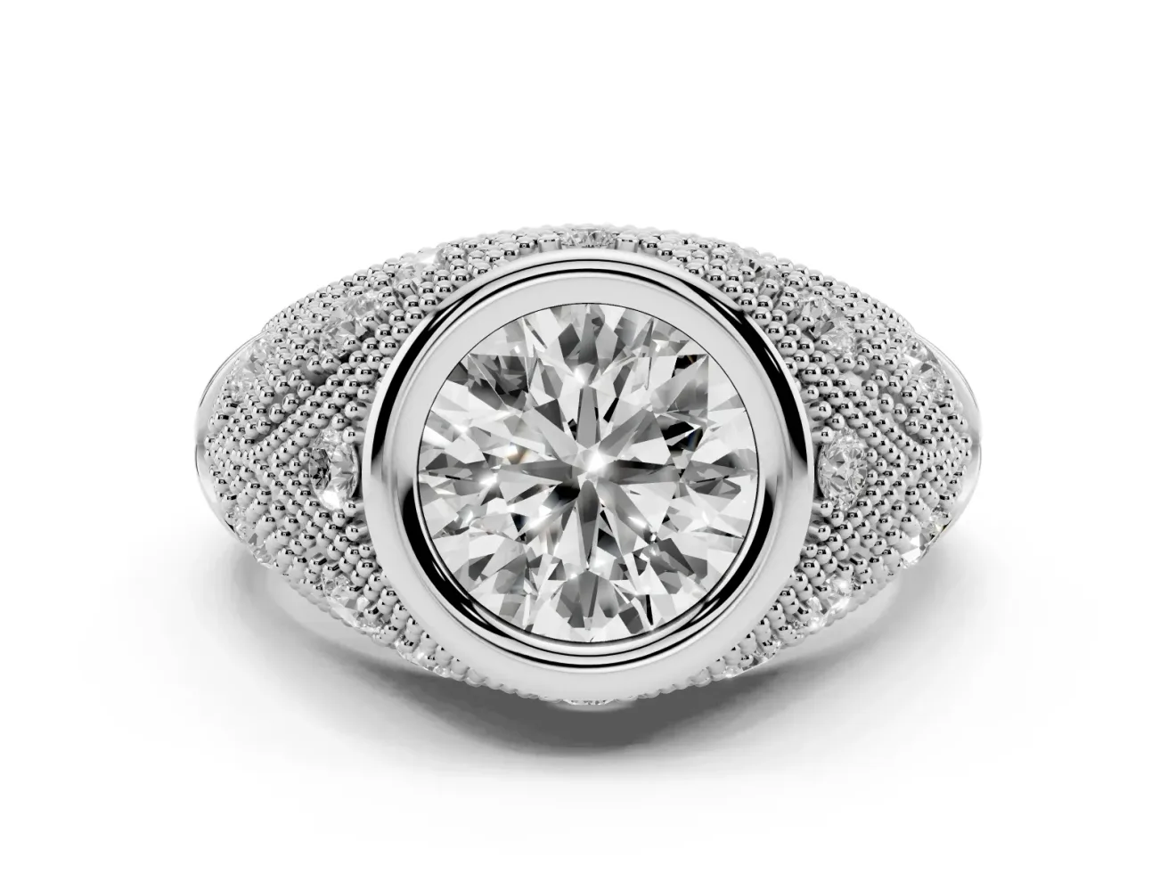 Round Cut Diamond Bezel Ring Set in White gold with Milgrain Accent Band