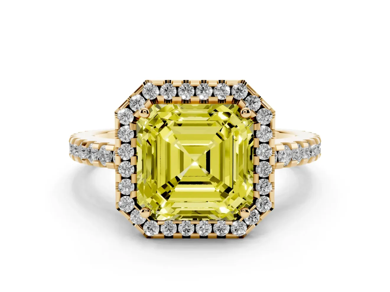 Asscher Cut Pave Halo Engagement Ring Setting for a Fancy Yellow Lab-Grown Diamond | Yellow Gold