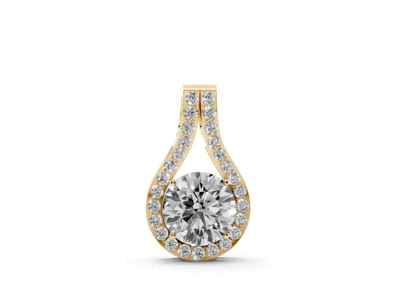 Round Lab-Grown Diamond Teardrop Halo Pendant Necklace | Split Pavé Bail | Yellow Gold