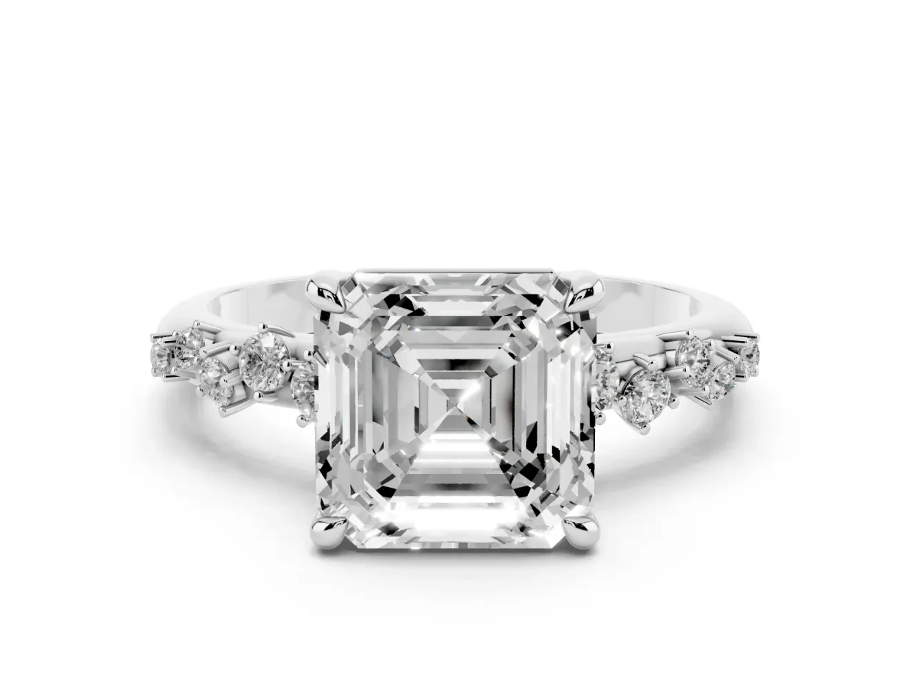 Asscher Cut Diamond Solitaire Vine Band Ring Set in White gold with Round Accents and Prong Setting
