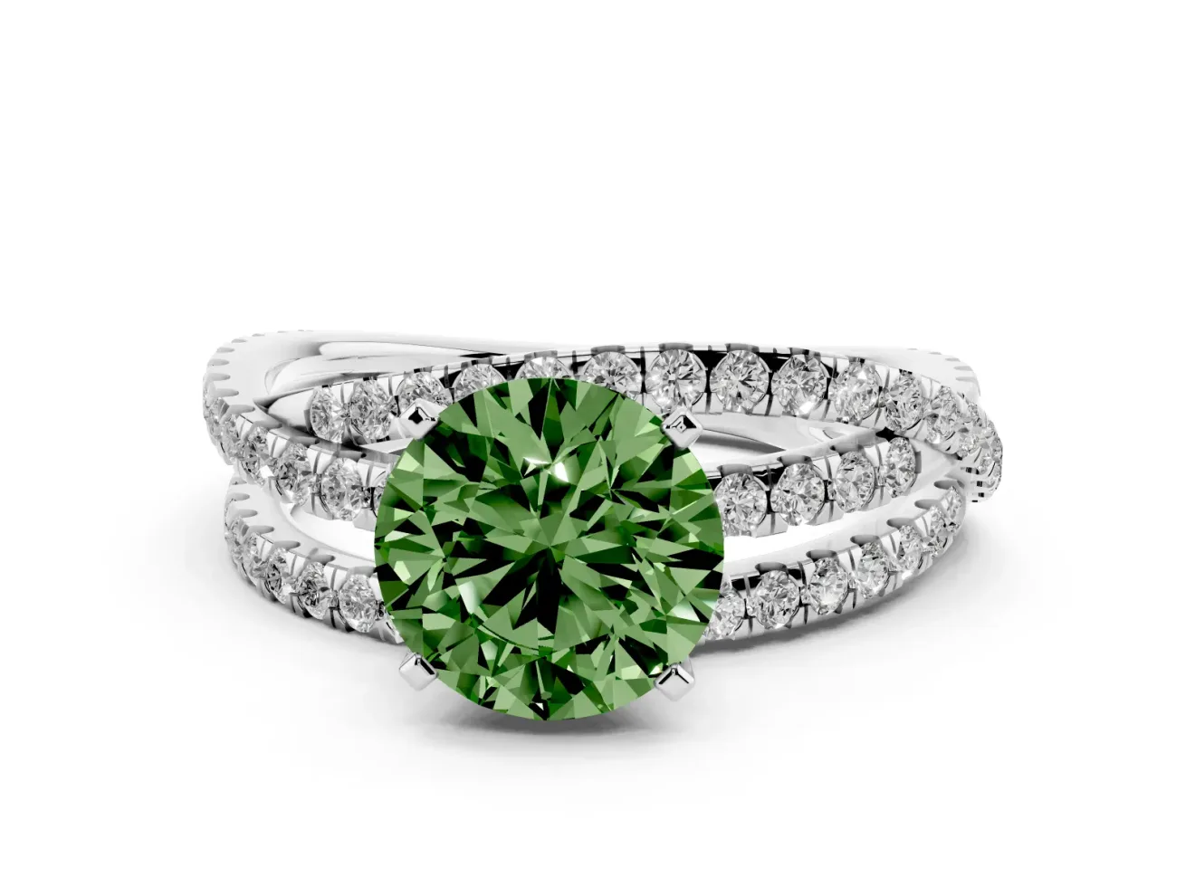 Fancy Green Round Cut Diamond Solitaire Twist Band Ring Set in White gold with Pavé Setting and Prong Head