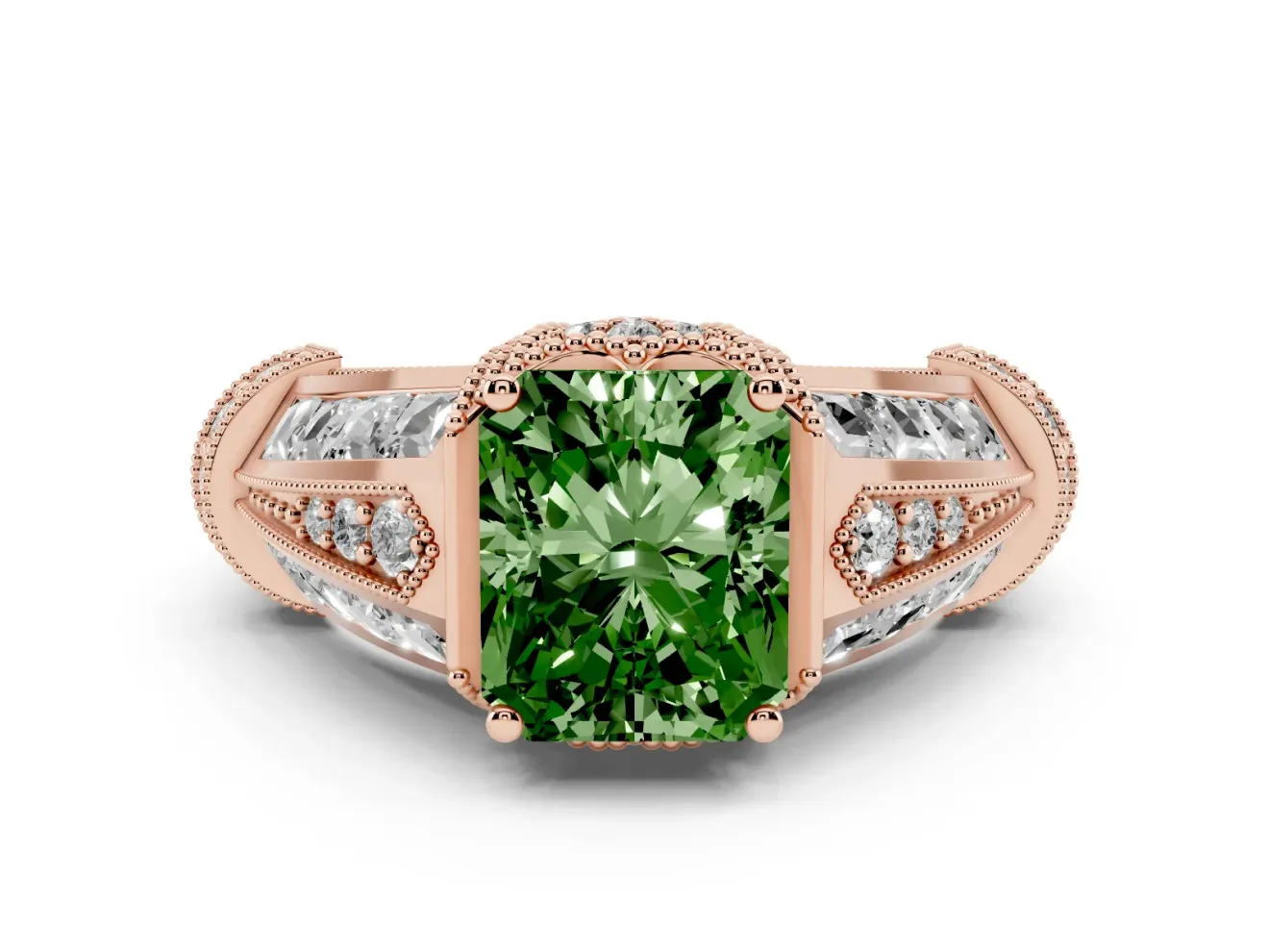 Fancy Green Radiant Cut Diamond Vintage-Inspired Milgrain Ring Set in Rose gold with Accent Split Shank