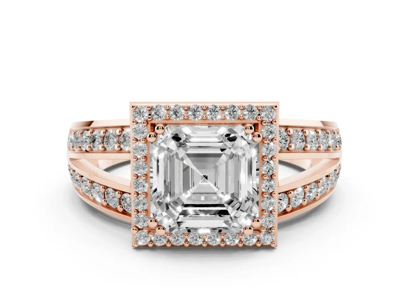 Asscher Cut Halo Engagement Ring Setting | Two-Row Pave Split Shank | Rose Gold