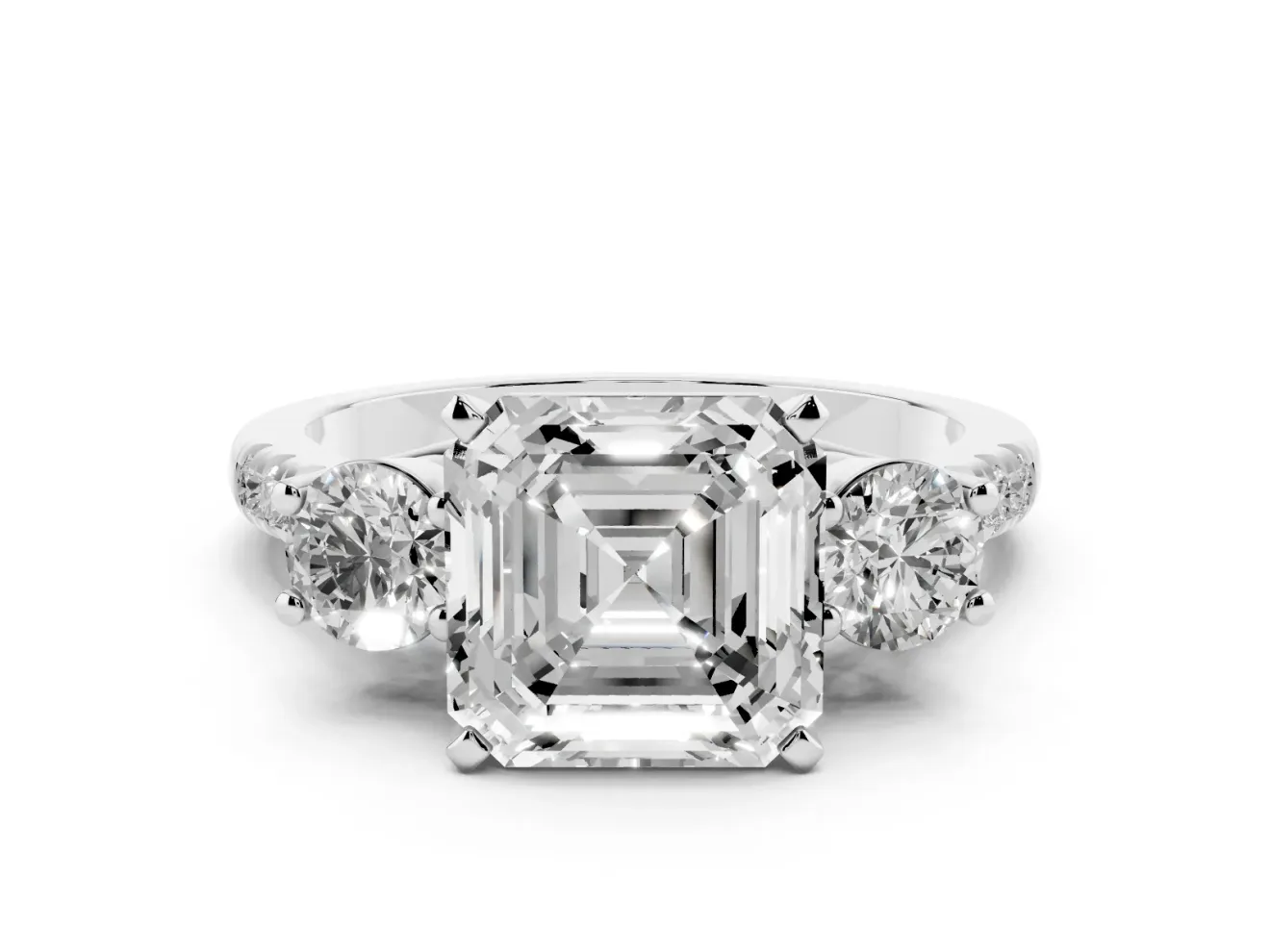 Three-Stone Asscher Cut Diamond Pavé Band Ring Set in Silver with Prong-Set Trio
