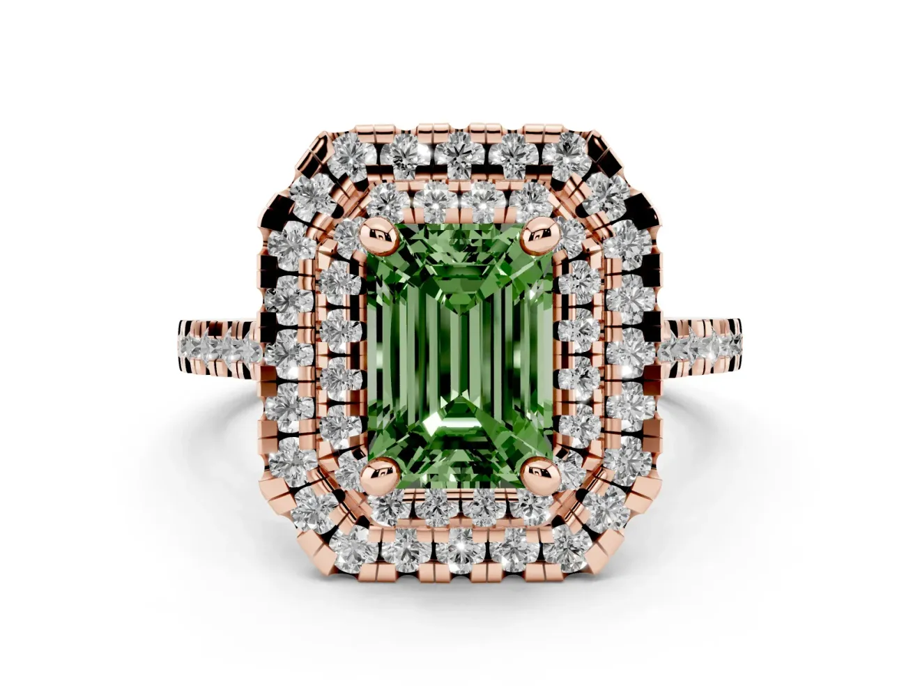 Emerald Cut Double Halo Engagement Ring Setting for a Fancy Green Lab-Grown Diamond | Pave Shoulders | Rose Gold