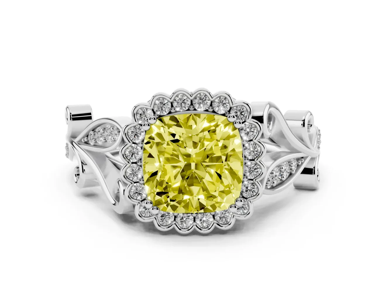 Cushion Cut Leaf Halo Engagement Ring Setting for a Fancy Yellow Lab-Grown Diamond | Platinum