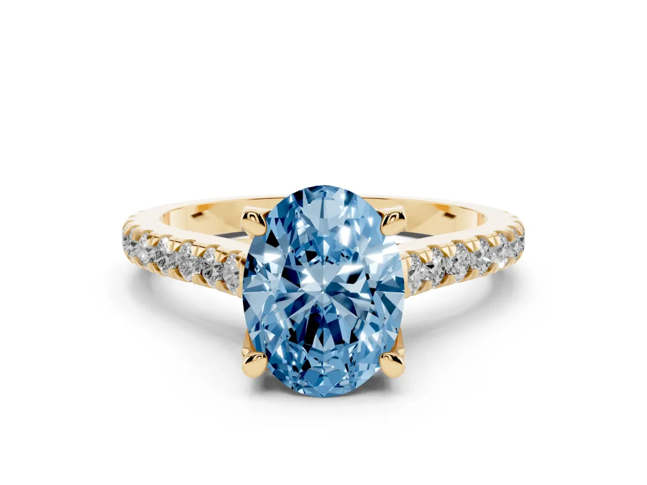 Oval Hidden Halo Pave Engagement Ring Setting for a Fancy Blue Lab-Grown Diamond | Claw Prongs | Yellow Gold