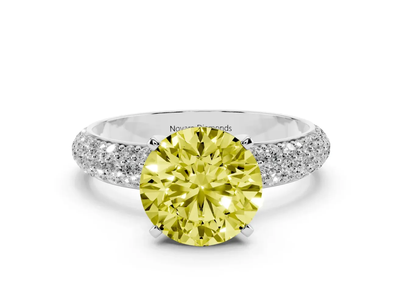 Fancy Yellow Round Cut Diamond Solitaire Ring Set in Platinum with Prong Setting and Pavé-Set Band
