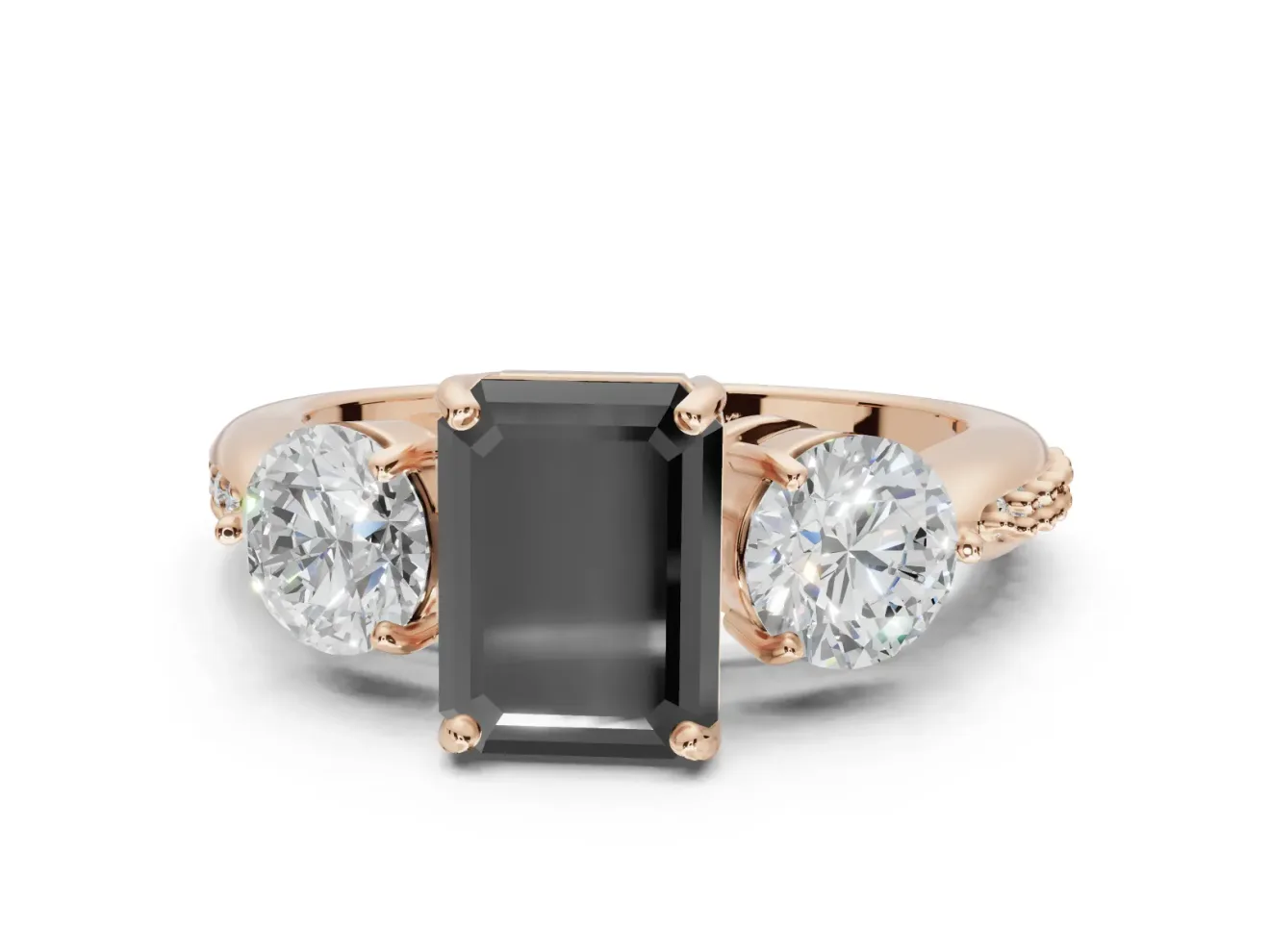 Emerald Cut Three Stone Engagement Ring Setting for a Black Center | Tapered Pavé Band | Rose Gold