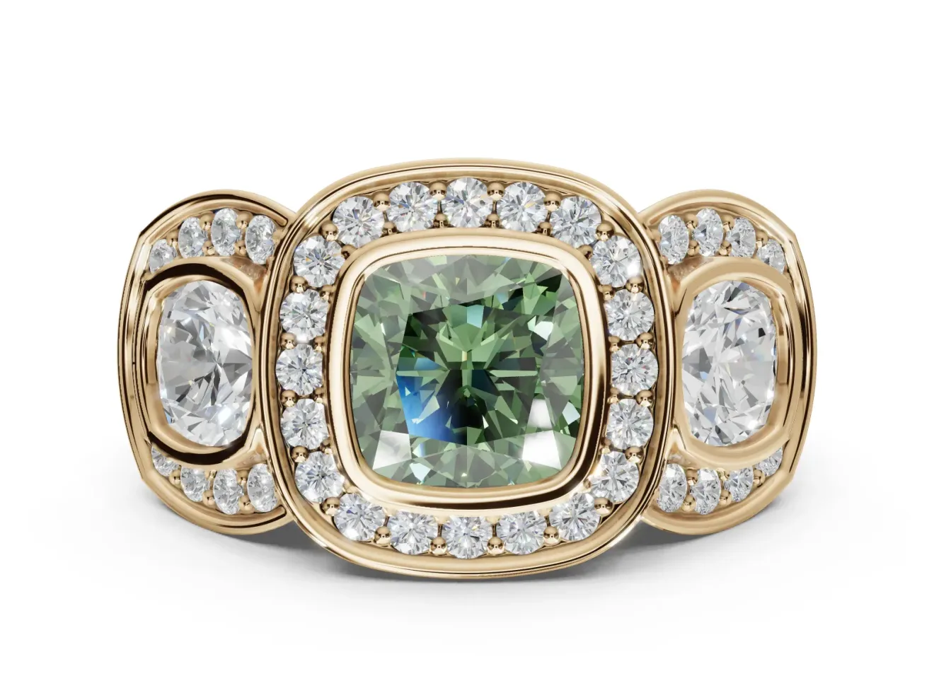 Cushion Cut Three Stone Halo Engagement Ring Setting for a Fancy Green Lab-Grown Diamond | Bezel Set | Yellow Gold