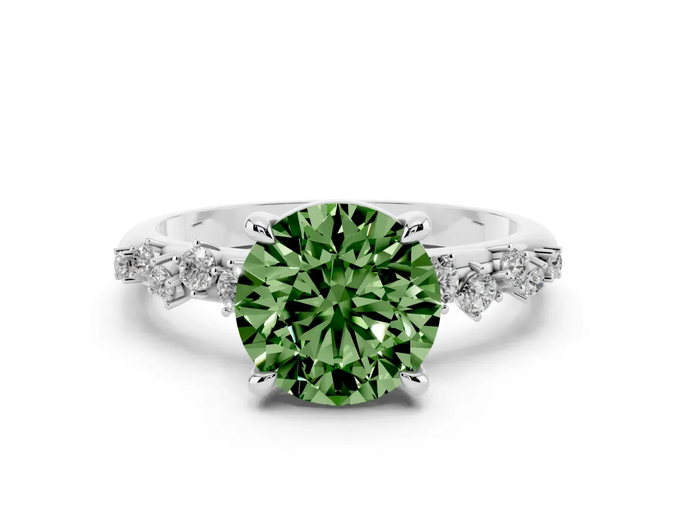 Fancy Green Round Cut Diamond Solitaire Vine Band Ring Set in White gold with Round Accents and Prong Setting