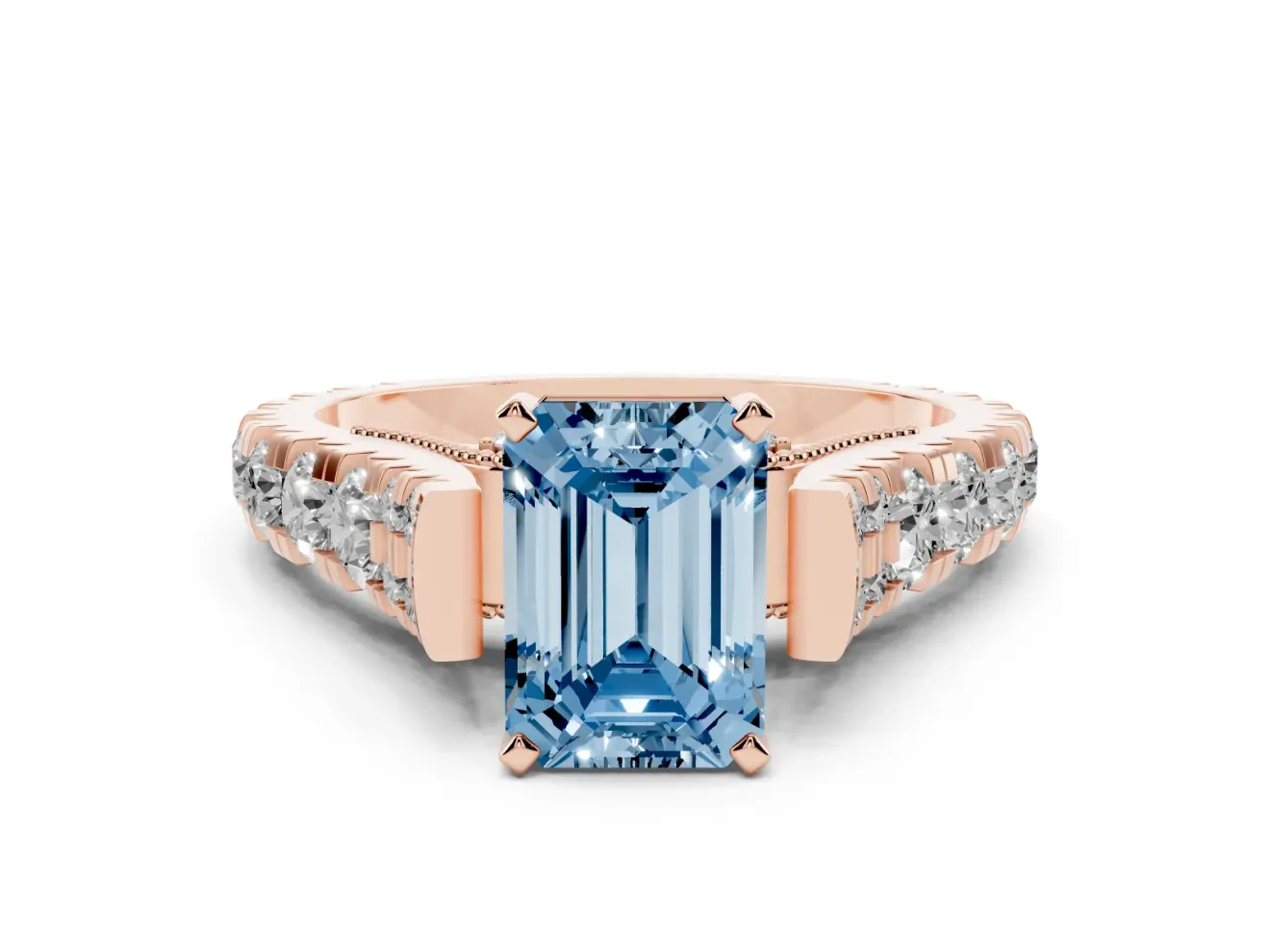Emerald Cut Graduated Cathedral Engagement Ring Setting for a Fancy Blue Lab-Grown Diamond | Side Stones | Rose Gold