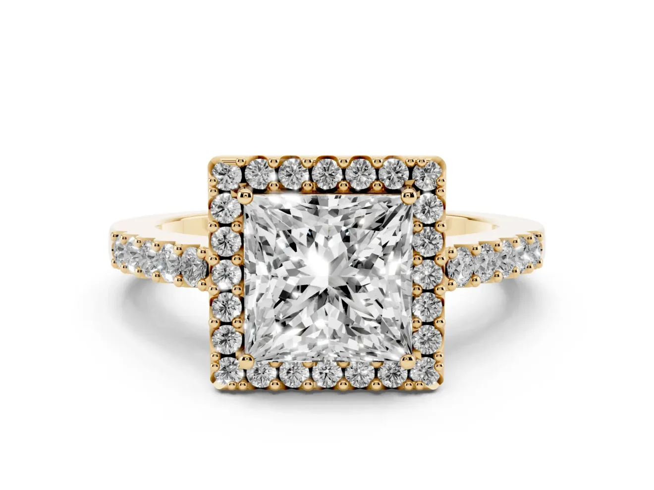 Princess Cut Diamond Halo Pavé Solitaire Ring Set in Yellow gold with Prong-Set Center Stone