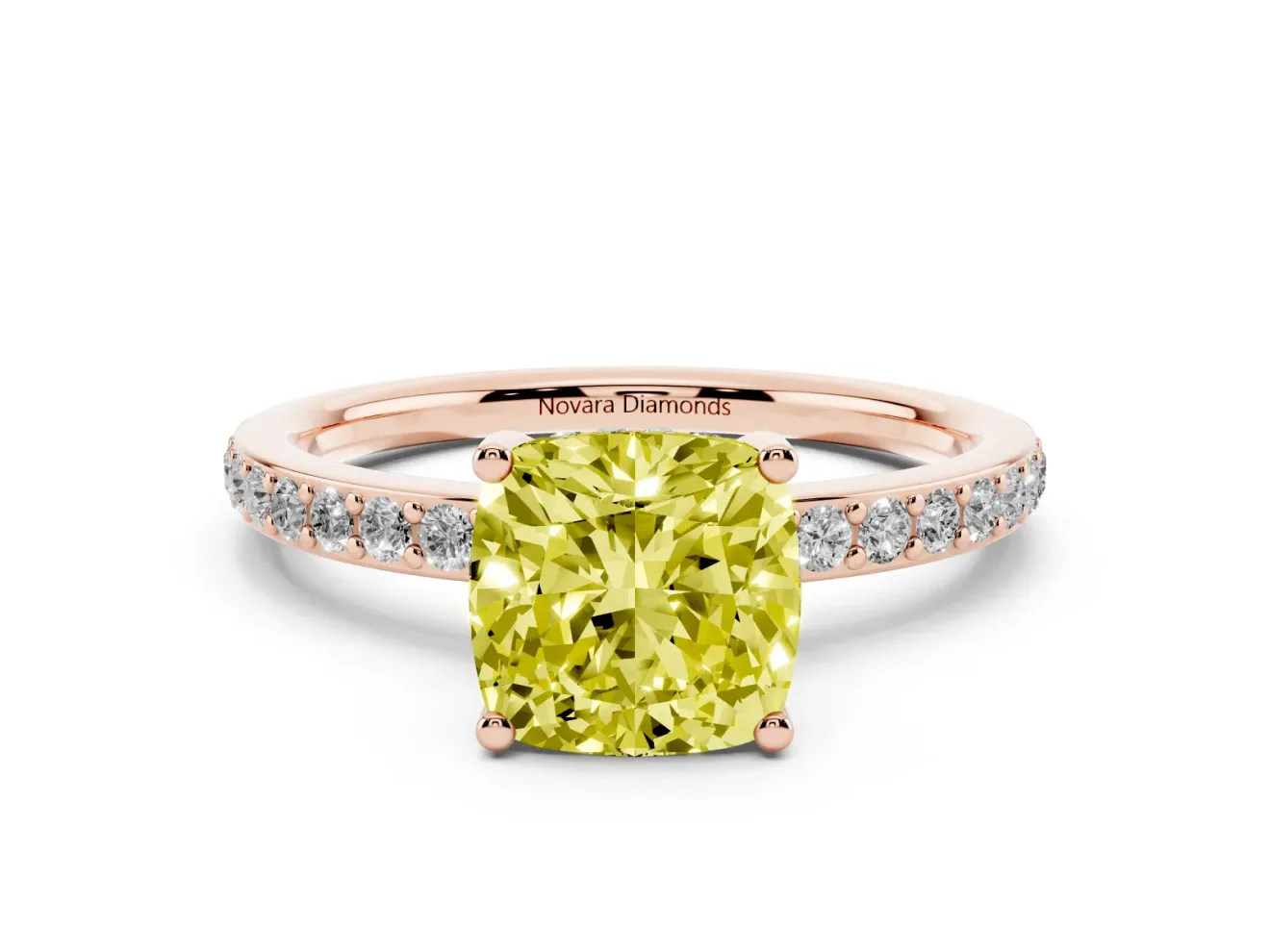 Fancy Yellow Cushion Cut Diamond Pavé Band Ring Set in Rose gold with Prong-Set Center Stone