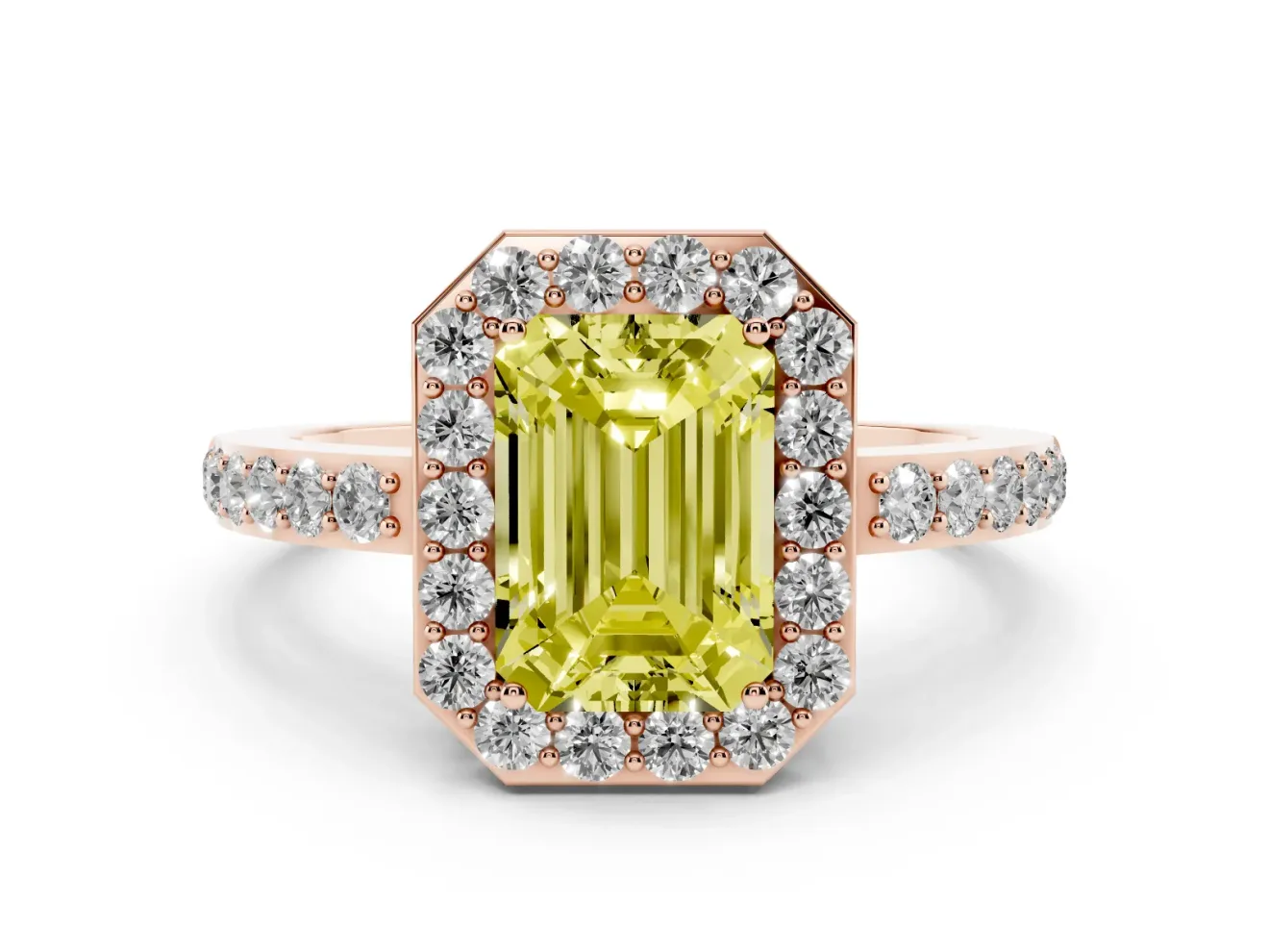 Fancy Yellow Emerald Cut Diamond Halo Ring Set in Rose gold with Pavé-Setting Band and Open Prong Center