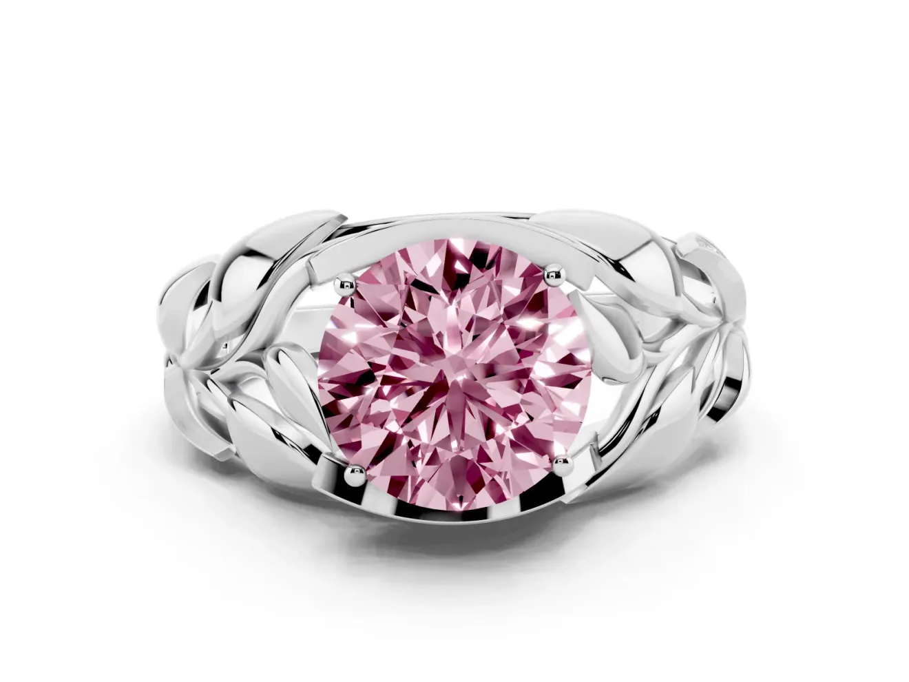 Fancy Pink Round Cut Diamond Leaf-Inspired Engagement Ring Set in White gold with Round Accents