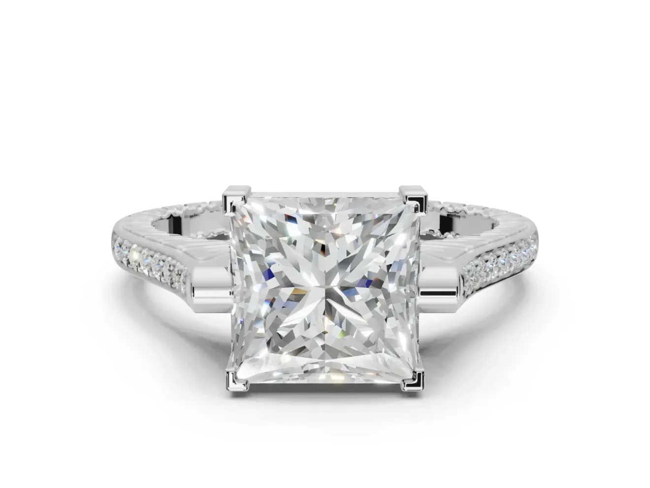 Princess Cut Vintage Cathedral Engagement Ring Setting | Carved Band | Platinum