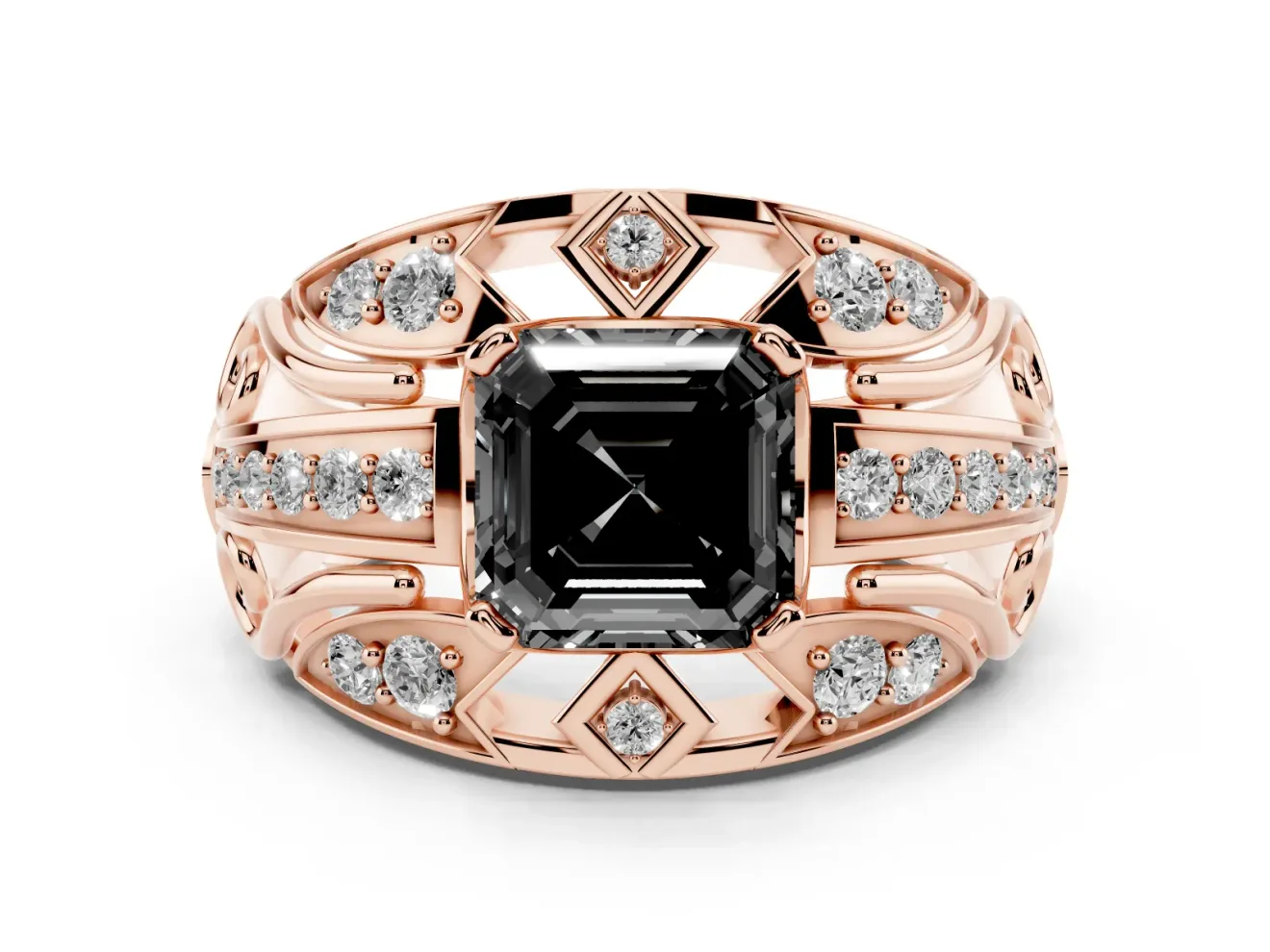 Asscher Cut Art Deco Graduated Engagement Ring Setting for a Black Center | Split Shank | Rose Gold