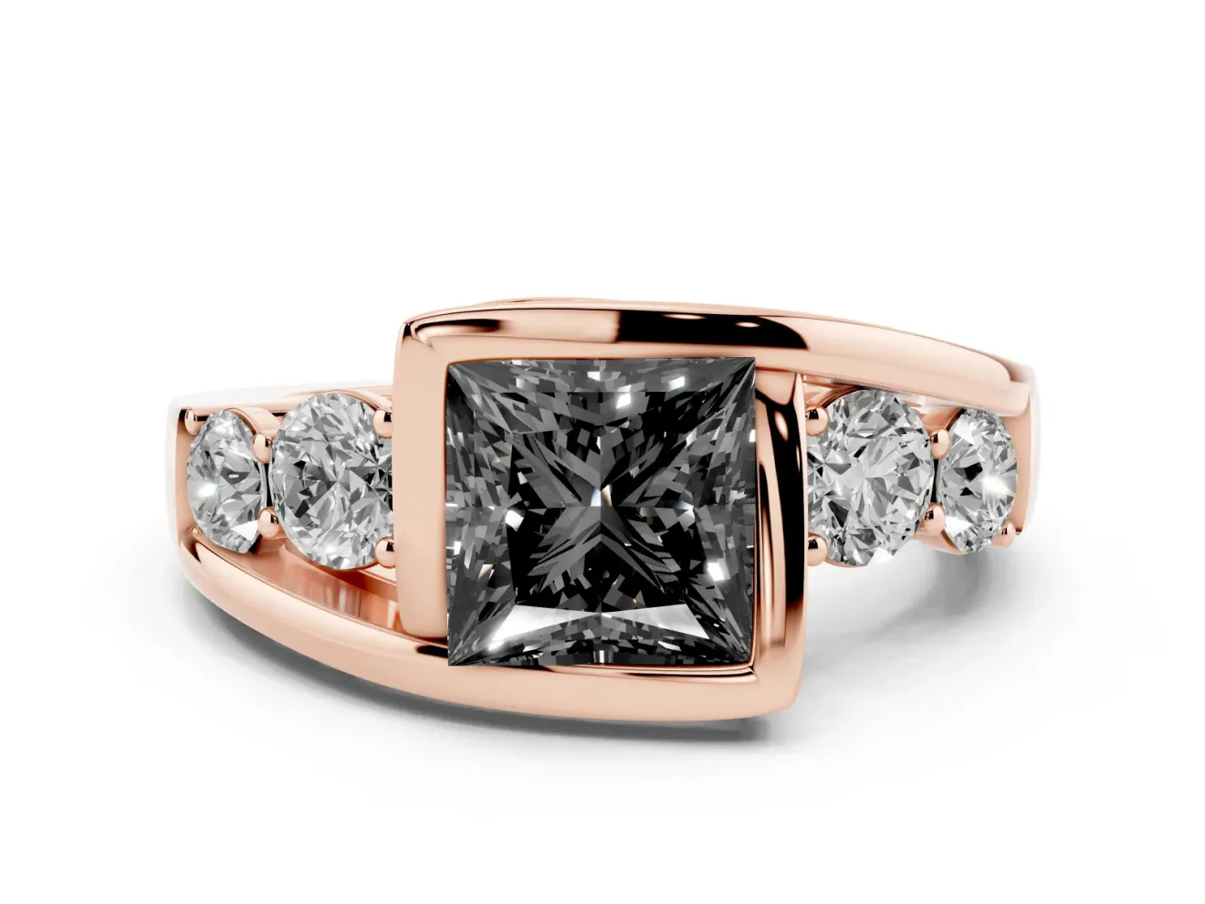 Princess Cut Bezel Bypass Engagement Ring Setting for a Black Center | Round Side Stones | Rose Gold