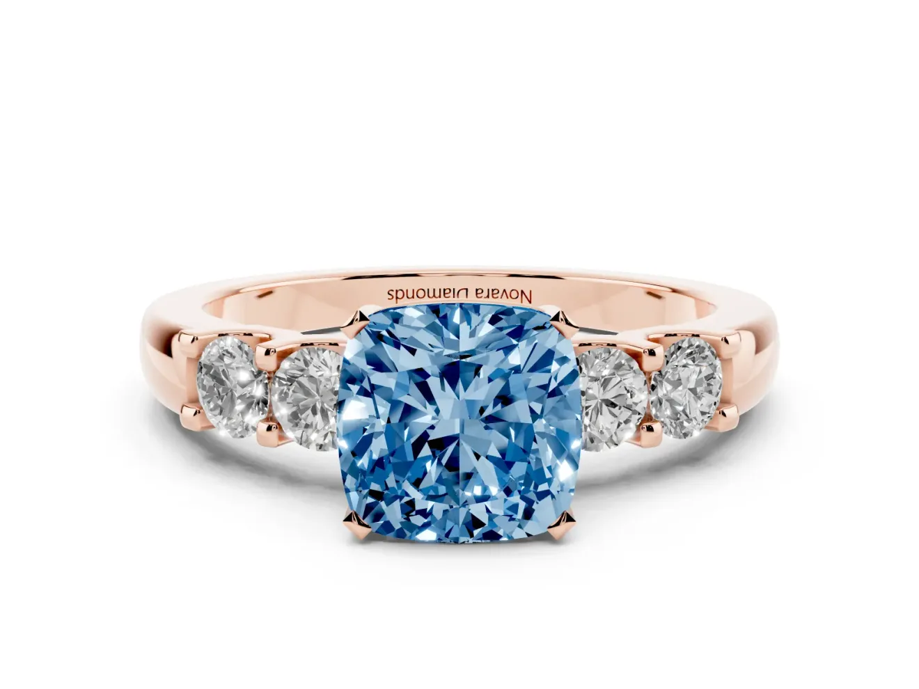 Fancy Blue Cushion Cut Diamond Five-Stone Prong Set Engagement Ring Set in Rose gold with Channel Band