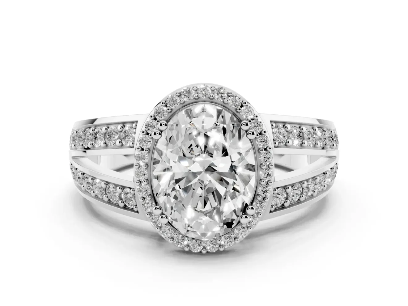 Oval Cut Diamond Halo Ring Set in Platinum with Double Pavé Split Shank
