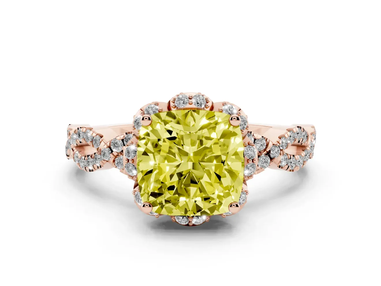Cushion Cut Milgrain Halo Engagement Ring Setting for a Fancy Yellow Lab-Grown Diamond | Graduated Shoulders | Rose Gold