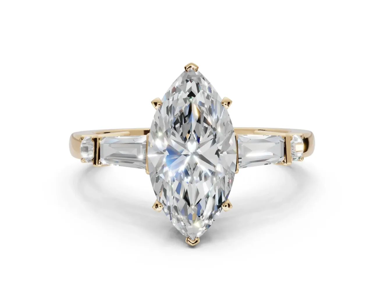 Marquise Tapered Baguette Engagement Ring Setting | Bar Set Sides | Yellow Gold