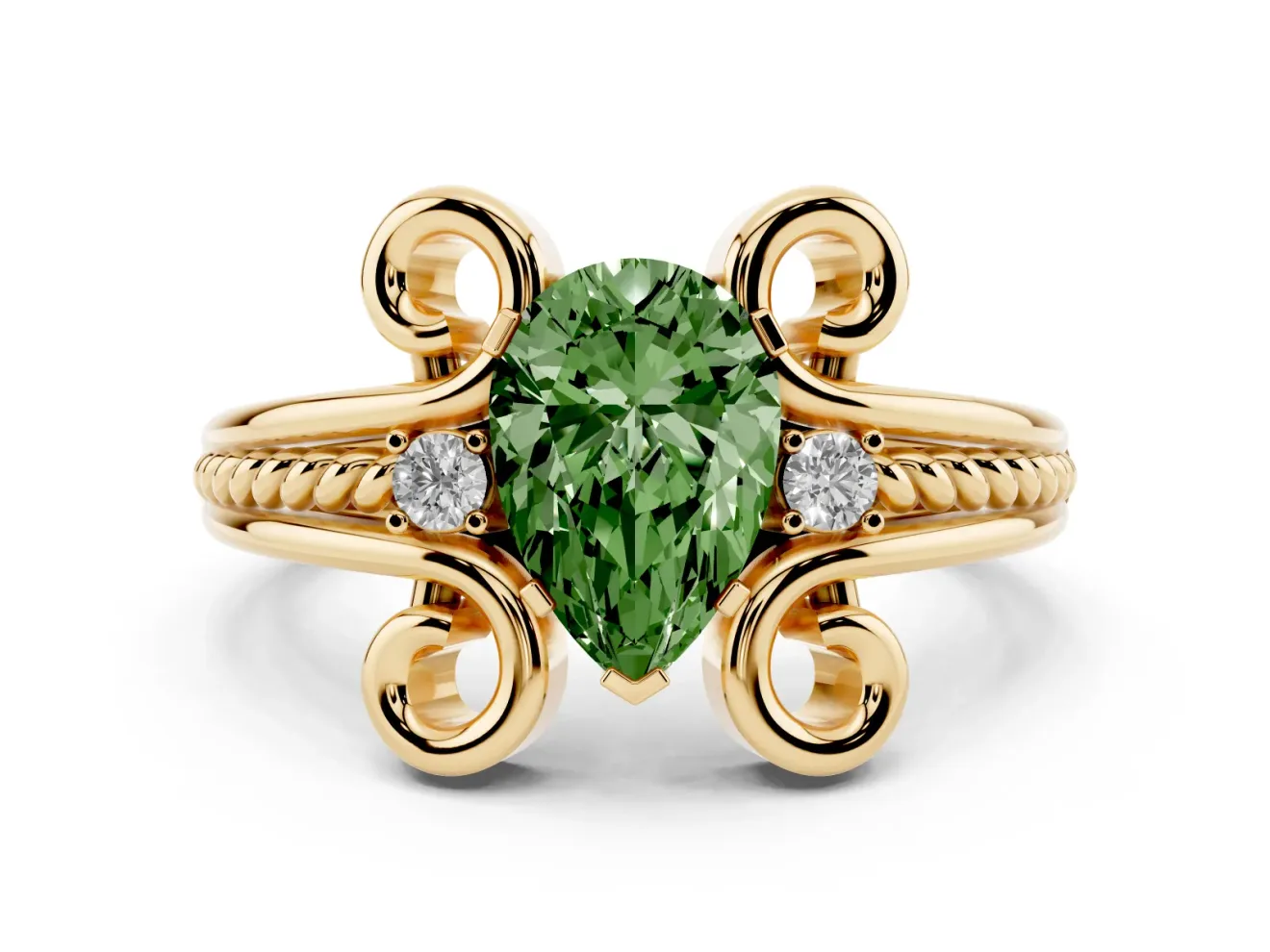 Fancy Green Pear Cut Diamond Twisted Band Solitaire Ring Set in Yellow gold with Scroll Prongs